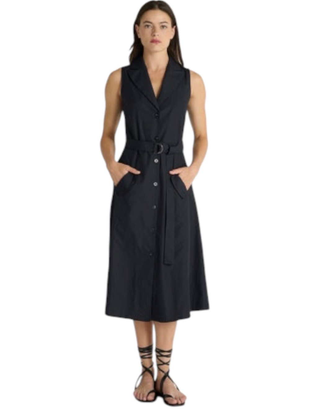 NWT Black Tape Black Sleeveless Belted Midi Shirt Dress (S)